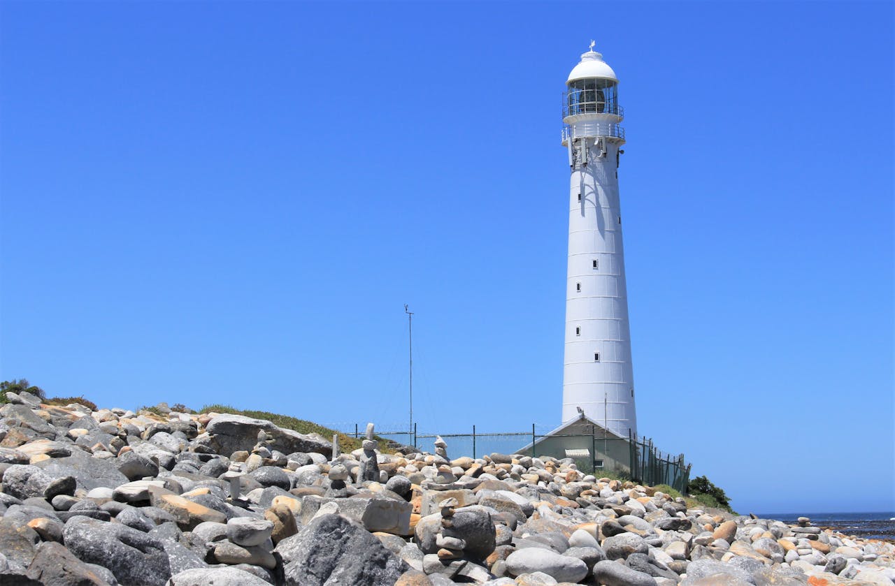 Stunning view of Cape Point Lighthouse against a clear blue sky in Cape Town, South Africa.